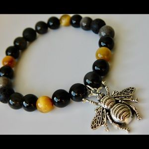 Golden and Silver Bumble Bee Crystal Bead Bracelet Tiger Eye Tourmaline Lava